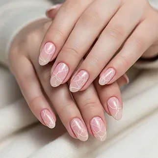 Hands with a pale pink manicure, with each nail featuring a delicate, thin white criss-cross or diamond-shaped line art pattern.