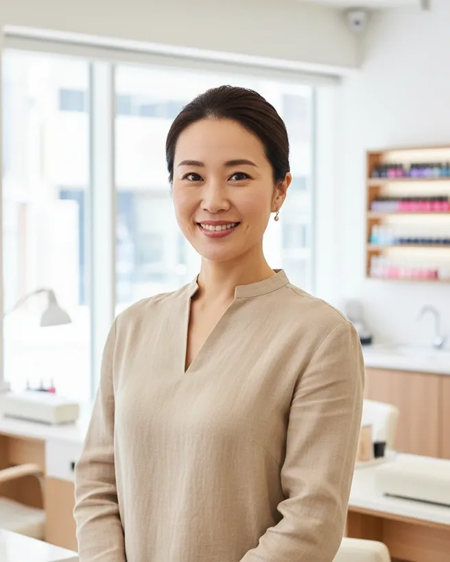 A welcoming photo of the salon owner.