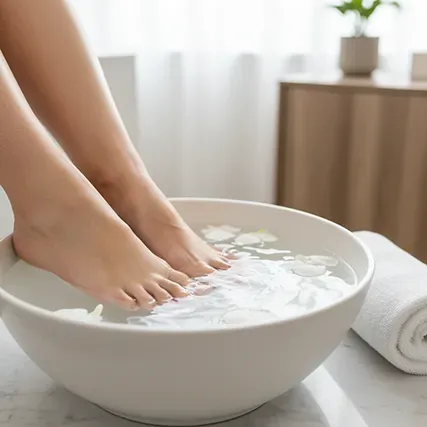 Woman enjoying a relaxing spa pedicure in a bowl with flower petals.